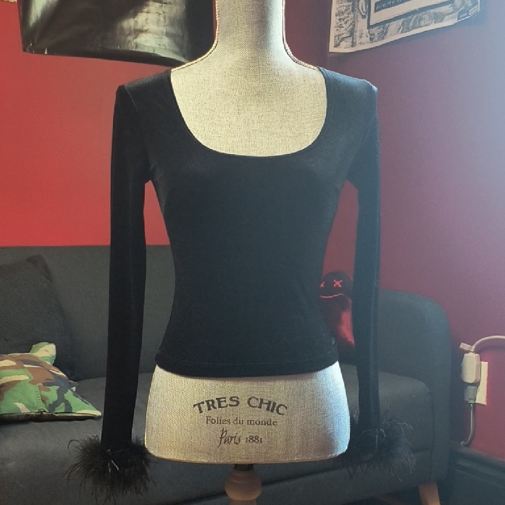Elegant Black Feather Trim Top